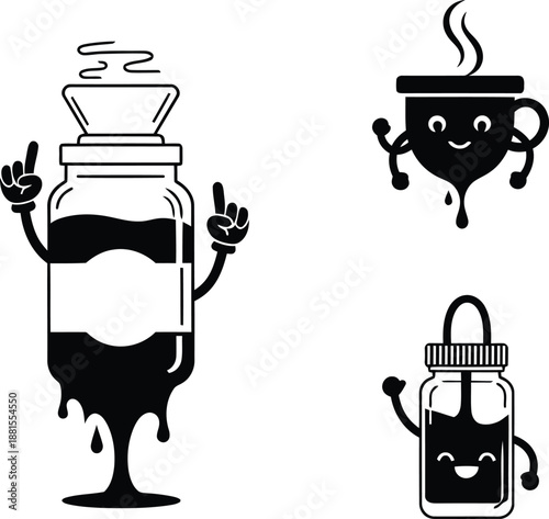 Cute coffee brewing characters set with pour over dripper and steaming cup in black and white silhouette vector illustration.