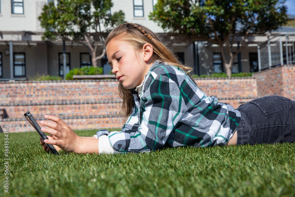 Obraz premium School-age girl lying on grassy campus lawn using touchscreen device next to brick seating terrace