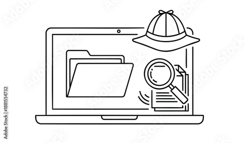 Detective investigates cyber crime on laptop with magnifying glass and hard hat