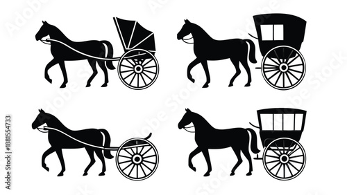 four horse drawn carriages in different positions silhouette high quality professional detailed modern elegant stylish clean