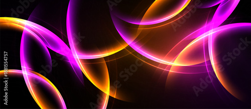 Abstract design features vibrant curves, glowing lines. Orange, purple hues dominate dark background. Dynamic composition creates energy.