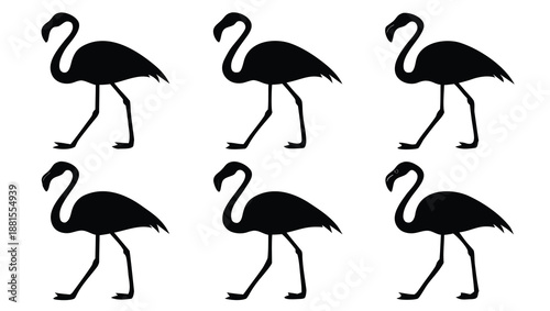 six black flamingo poses in two rows silhouette high quality professional detailed modern elegant stylish clean