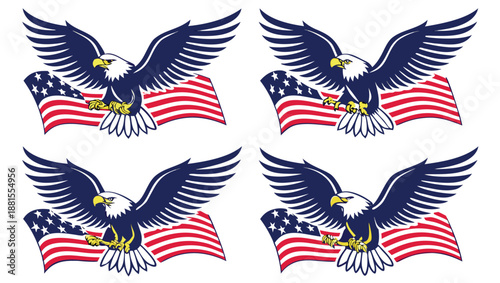 Patriotic imagery featuring a majestic bald eagle with american flags displayed four times as a silhouette