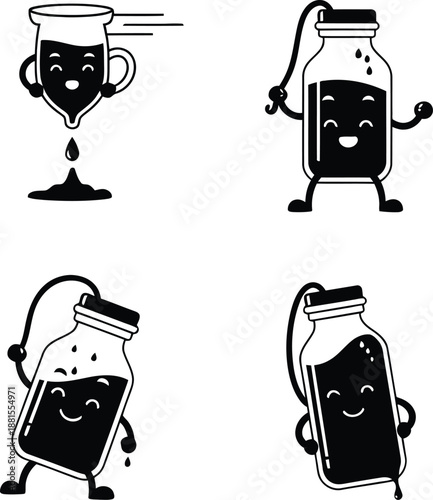 Cute coffee dripper and cold brew mason jar characters set with happy faces in black and white silhouette vector illustration.