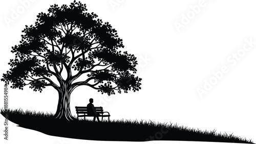 Lonely man resting on park bench beneath large tree silhouette illustration for solitude nature vector black white art minimal design