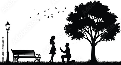 Romantic engagement proposal silhouette in park under tree with couple bench birds street lamp vector black white illustration art