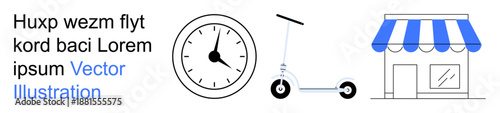 Urban life, time management, delivery services, commuting solutions, retail business, convenience. Minimalistic clock, electric scooter and storefront. Urban life and time management concept