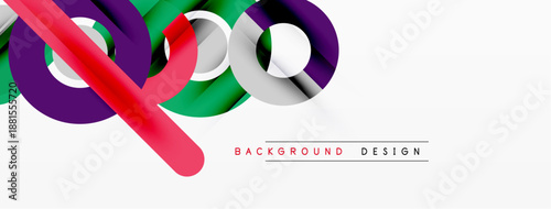 Abstract colorful ribbons create dynamic composition. Modern design elements suggest movement, energy, innovation. Simple background enhances visual impact.