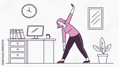 A woman stretching during a break in her home office surrounded by work essentials silhouette