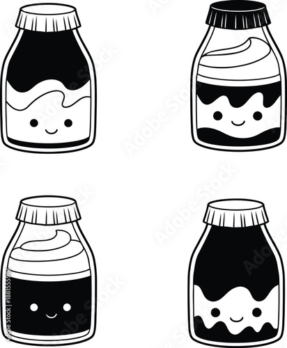 Cute kawaii milk bottle and yogurt jar characters set with happy faces in black and white silhouette vector illustration.