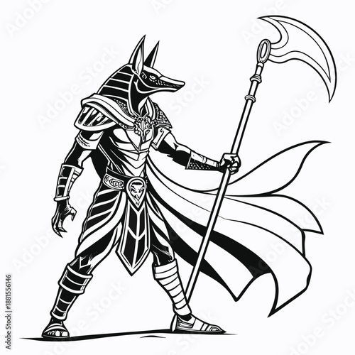 Ancient egyptian jackal headed god anubis with ceremonial staff detailed illustration black and white silhouette