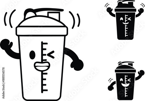 Cute protein shaker bottle character shaking with winking face and strong flexing arms vector illustration.