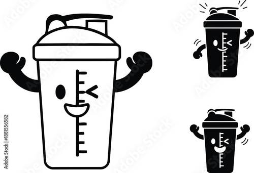 Cute protein shaker bottle character with flexing arms and happy winking face for gym and fitness vector illustration.