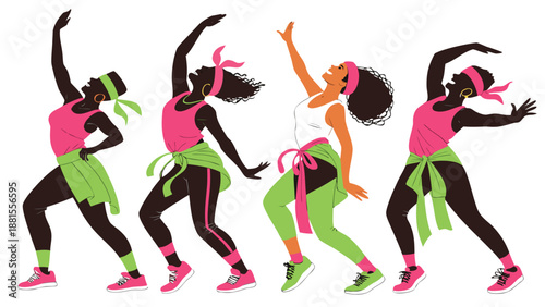 four women dancing in various poses with colorful outfits silhouette high quality professional detailed modern elegant