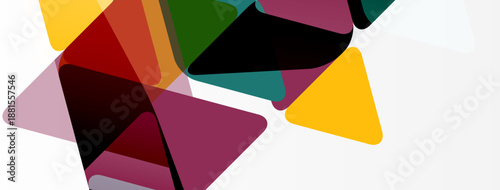 Abstract geometric shapes overlap, creating colorful composition. Various triangles dominate design, using muted tones.