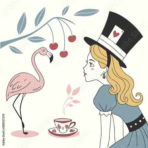 A whimsical illustration depicts a flamingo girl cherries hat and teacup in a delightful silhouette