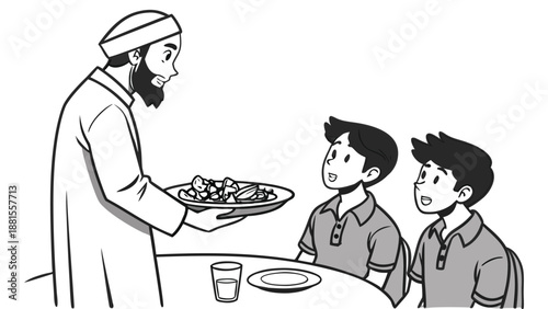 a man in a turban serving food to two boys silhouette high quality professional detailed modern