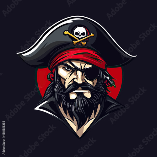 Fierce pirate with eyepatch and black beard wearing skull and crossbones tricorn hat and red bandana esports logo vector illustration
