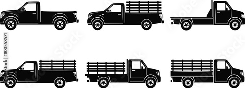 Collection of black pickup truck silhouettes featuring utility vehicles with various bed configurations and flatbed designs isolated on white background.