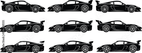 Collection of black sports car silhouettes featuring sleek modern supercars with spoilers in side view isolated on white background vector.