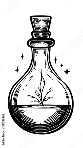 Black and white engraved style illustration of a sealed potion bottle with magical liquid and glowing sparkles around it, vintage alchemy flask vector art drawing for fantasy design concept