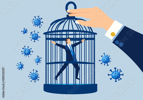 Businessman freed from cage by giant hand symbolizing reopening economy and restarting work after coronavirus lockdown with virus particles floating around in flat vector style