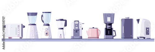 Collection of modern kitchen appliances icons including toasters, blenders, coffee makers, electric kettle, and food processor in flat minimalist style vector illustration