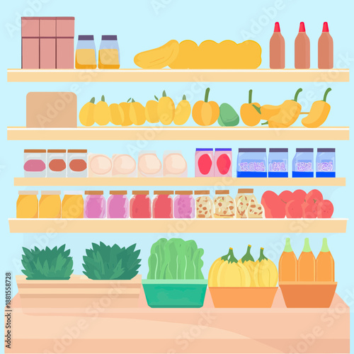 Flat minimalist supermarket shelves with fresh fruits vegetables jars bottles and packaged food items organized on wooden display in modern grocery store interior vector illustration