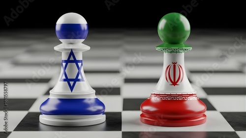 Israel vs. Iran Geopolitical Strategy: National Flag Chess Pawns on a Chessboard