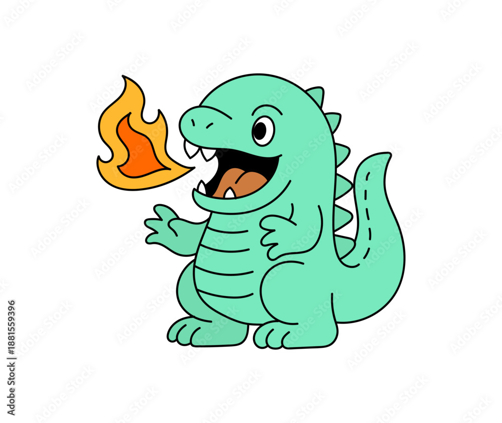 Fototapeta premium Cute Cartoon Dinosaur Breathing Fire Kawaii Character Icon. Adorable green dragon cartoon breathing fire. Cute Kaiju Lizard Breathing Fire Cartoon Character Illustration. Vector art