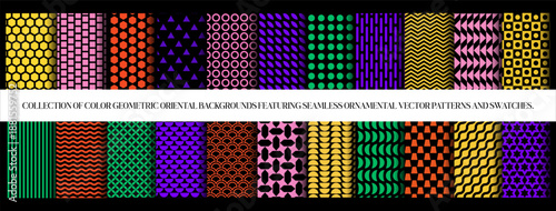collection of color geometric oriental backgrounds featuring seamless ornamental vector patterns and swatches.