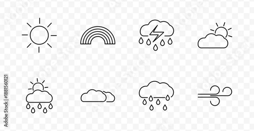 Weather forecast set icon. Sun, rainbow, storm cloud, sun behind cloud, rain, double cloud, drizzle, wind in meteorology line style.