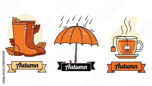 Autumn Themed Illustrations: Boots, Umbrella in Rain, and Hot Tea Cup with Steam