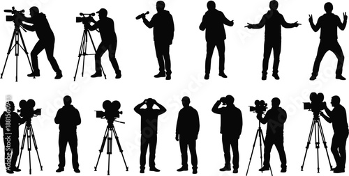 Black Silhouette Collection of Professional Cameramen, Film Directors, News Reporters, and Video Production Crew with Movie Cameras and Microphones on Tripods
