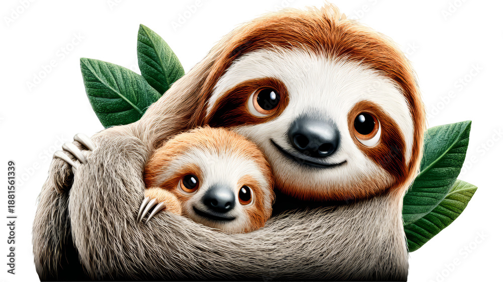 Obraz premium Two cute sloths are embracing each other surrounded by green leaves in a vibrant illustration showcasing their adorable features and expressions. isolated image, transparent background