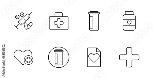 Healthcare set icon. Syringe, kit, bottle, vitamins, heart, file, medicine, cross, pills, pharmacy, emergency, treatment, care, prescription.