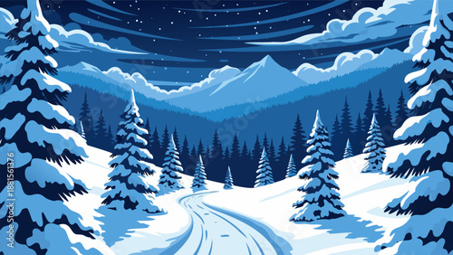 Serene Winter Landscape Vector Illustration with Snow-Covered Trees and Mountains Under a Starry Sky