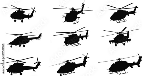 Collection of black helicopter silhouettes featuring various aircraft models, military gunships, and civilian transport helicopters isolated on a white background vector.