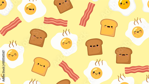 Cute Kawaii Breakfast Pattern Vector Illustration of Fried Eggs Toast and Bacon
