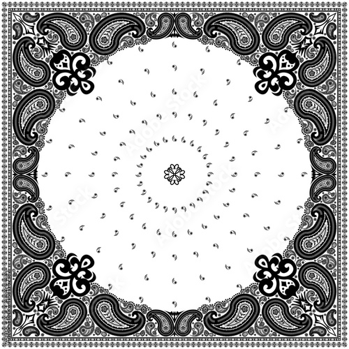 Bandana paisley square ethnic floral hand drawn pattern.Ornament classic vintage vector elements black on white background.Design for scarf,headscarf,kerchief,hijab,tablecloth,print fabric,decoration.