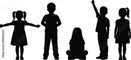 Collection of children silhouettes featuring boys and girls in various poses like standing, sitting, and cheering isolated on white background.