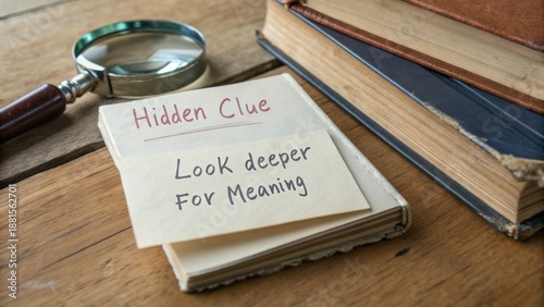 A magnifying glass rests beside a stack of vintage books and a note with a hidden clue, inviting deeper exploration of meaning.