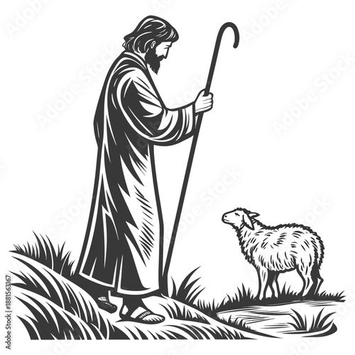 A reverent shepherd stands with a staff overseeing a lone lamb in a pastoral landscape silhouette