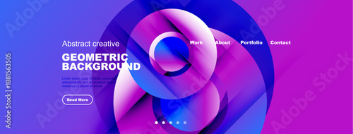 Abstract design features vibrant blue, purple curves. Text elements present, including navigation options, call to action button. Modern aesthetic.