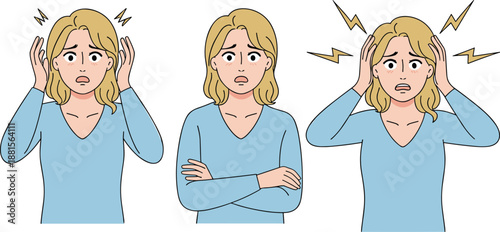 Stressed woman illustration showing anxiety, headache, depression symptoms, mental health concept, emotional pain, migraine stress disorder, psychology problem, nervous tension