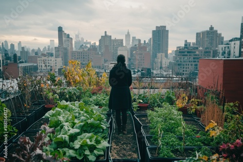 A person stands in a flourishing rooftop garden, surrounded by fresh organic vegetables, looking out at the sprawling city skyline on a cloudy day.