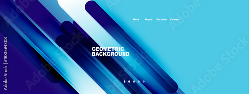 Abstract geometric background. Blue gradients create dynamic shapes. Minimalist design with text elements for navigation, portfolio presentation.