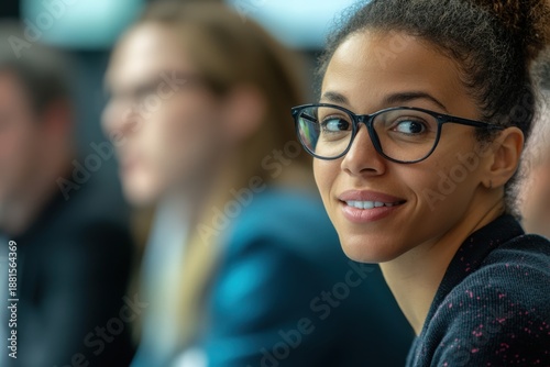 A young woman wearing glasses smiles warmly while looking back at the camera in a professional indoor environment.