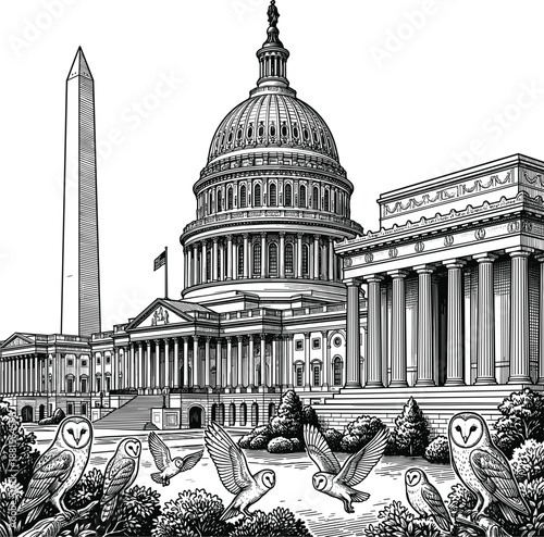 United States Capitol Building Washington DC historic government architecture illustration with American flag monuments classical columns democracy politics landmark skyline detailed engraving 