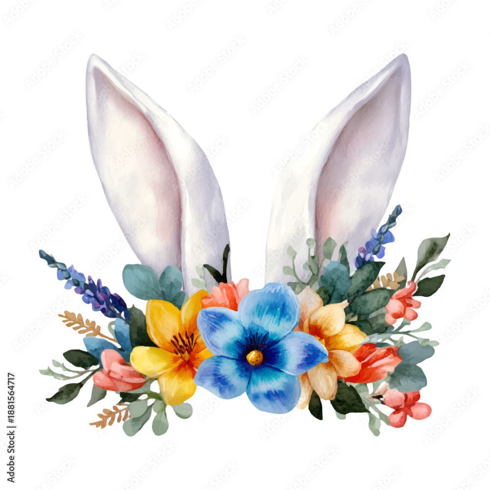 Obraz premium Bunny ears with a vibrant floral wreath, celebrating easter, spring, and the joy of new beginnings, rendered in a delicate watercolor illustration